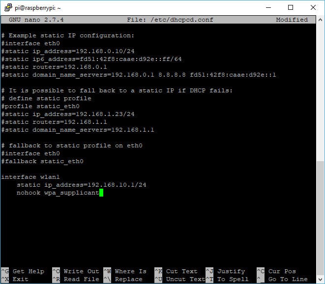 Файл dhcpcd.conf со статическим IP-адресом для wlan1