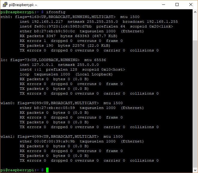 Вывод команды ifconfig с сетевыми интерфейсами wlan0 и wlan1
