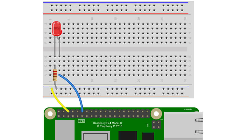 Схема подключения светодиода на макетной плате к Raspberry Pi