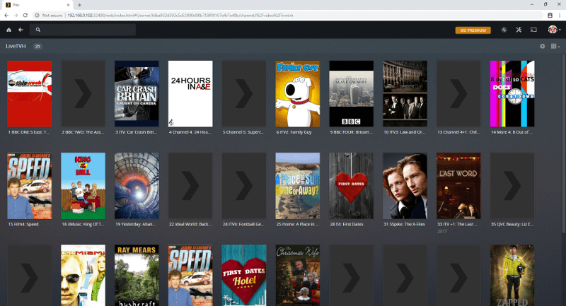 Просмотр потоков Plex LiveTVH — вид постеров