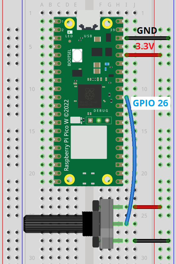 Схема подключения потенциометра к Raspberry Pi Pico (Fritzing)