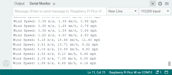 Тестирование датчика ветра с Raspberry Pi Pico - демонстрация Serial Monitor