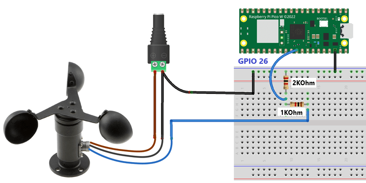Raspberry Pi Pico с датчиком ветра - анемометр - схема подключения