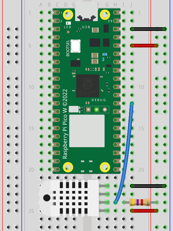 Схема подключения Raspberry Pi Pico с датчиком DHT (Fritzing)