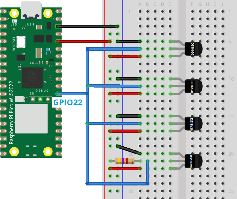 Схема подключения нескольких датчиков DS18B20 к Raspberry Pi Pico
