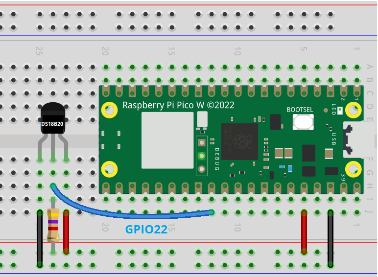 Схема подключения DS18B20 к Raspberry Pi Pico (одиночный датчик)