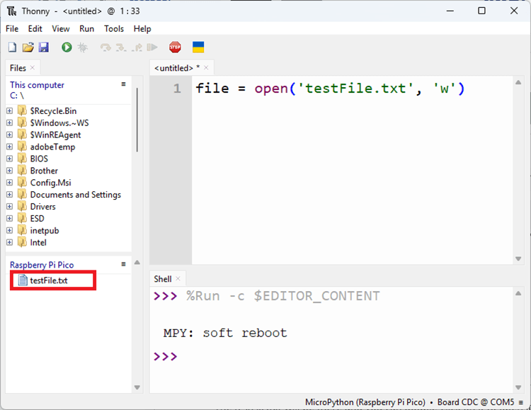 Файл, сохраненный в файловой системе RPi Pico, на боковой панели Thonny IDE