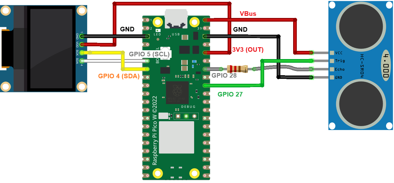 Raspberry Pi Pico с ультразвуковым датчиком и OLED-дисплеем — схема подключения