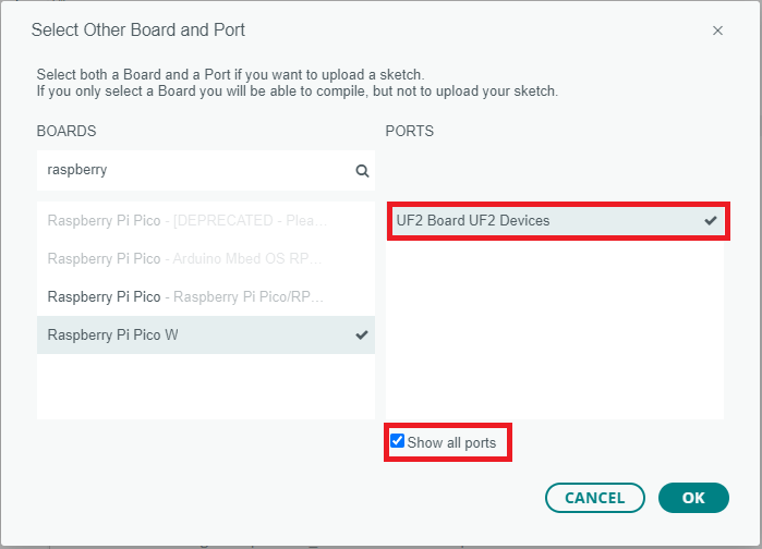 Arduino IDE 2 — выбор COM-порта для Raspberry Pi Pico