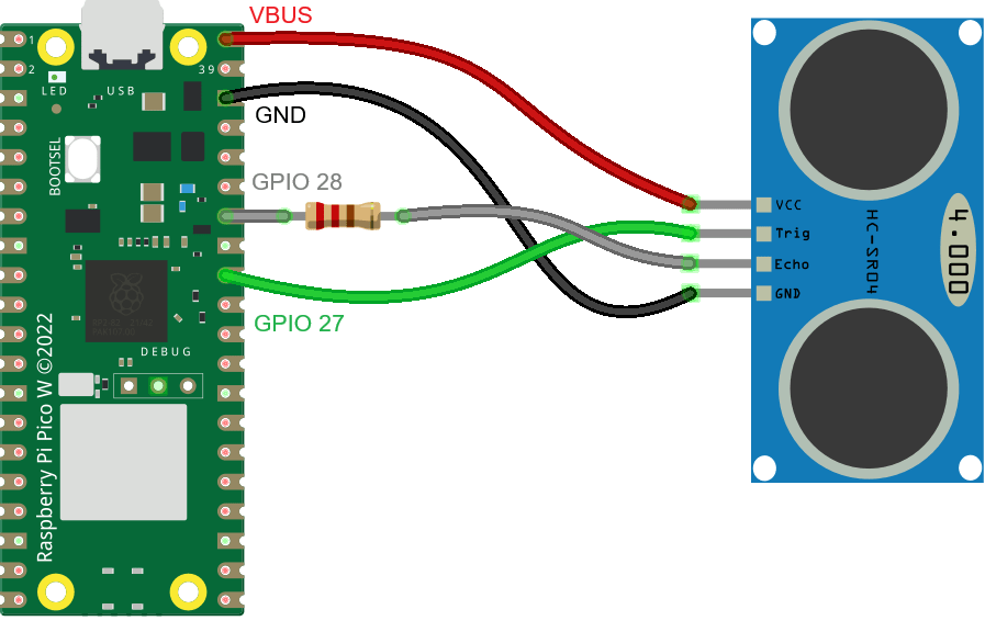 Raspberry Pi Pico с ультразвуковым датчиком - схема подключения