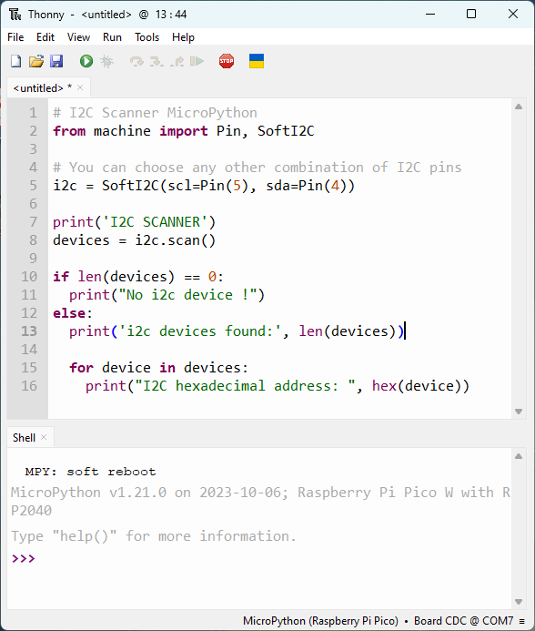 Raspberry Pi Pico I2C сканер — код скрипта MicroPython