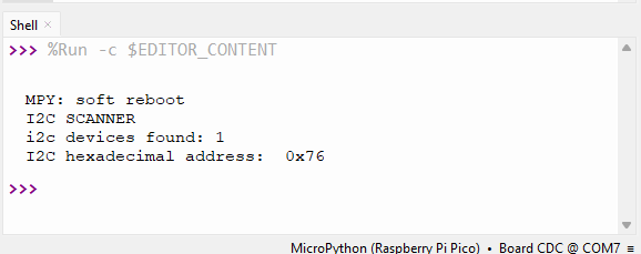 Пример вывода I2C сканера MicroPython Raspberry Pi Pico — найденные устройства