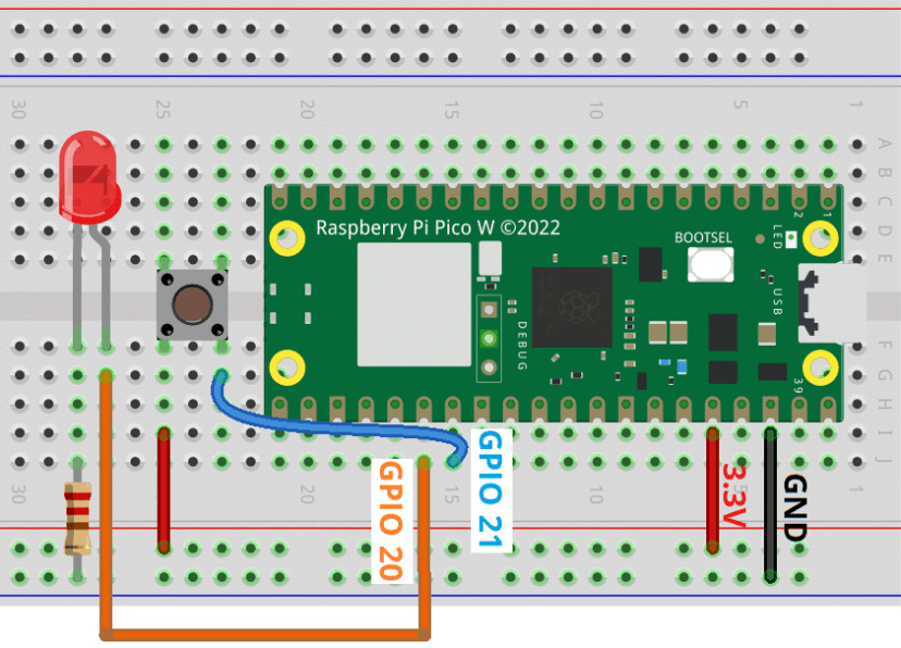 Схема подключения кнопки и светодиода к Raspberry Pi Pico