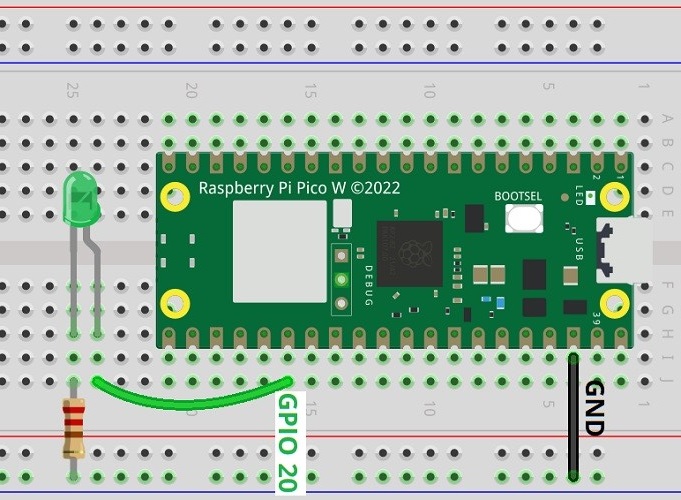 Схема подключения светодиода к RPi Pico