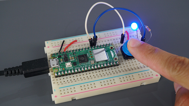 Raspberry Pi Pico кнопка и светодиод включён