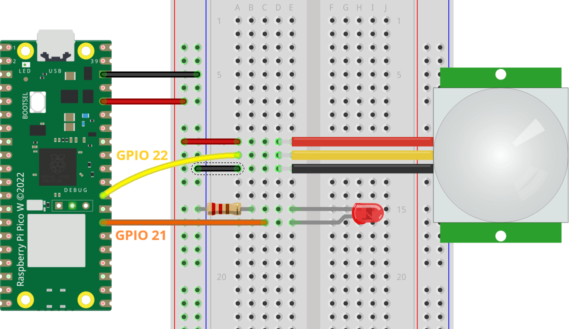 Схема подключения Raspberry Pi Pico с PIR-датчиком движения