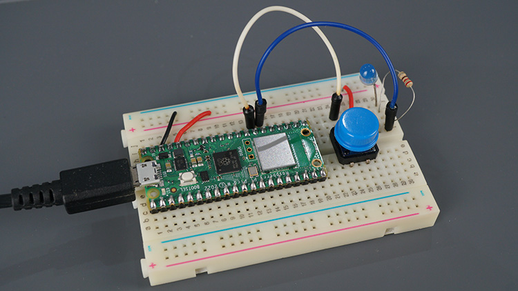 Raspberry Pi Pico - схема со светодиодом и кнопкой на макетной плате