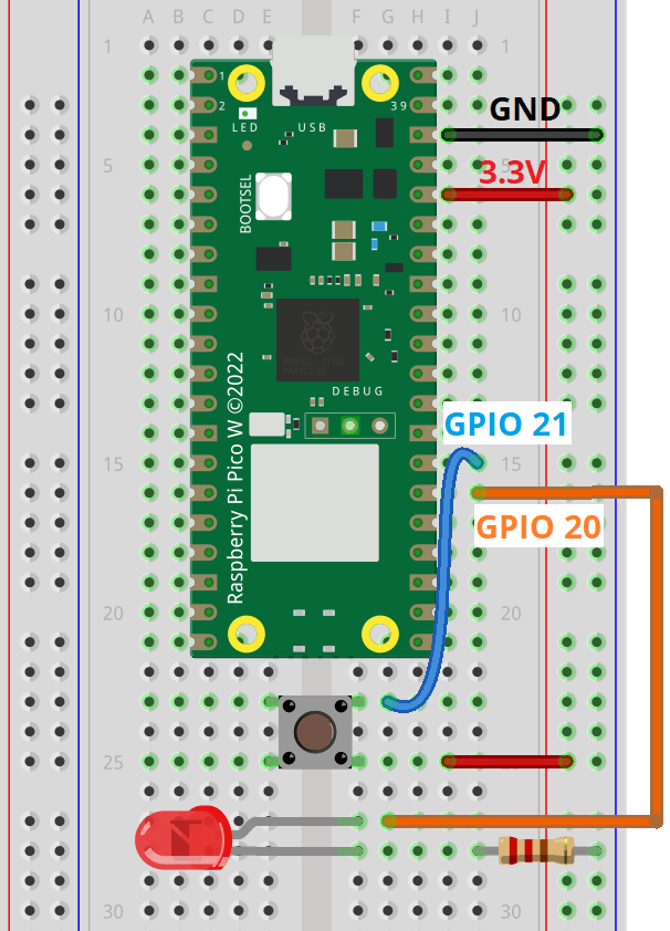 Схема подключения кнопки и светодиода к Raspberry Pi Pico