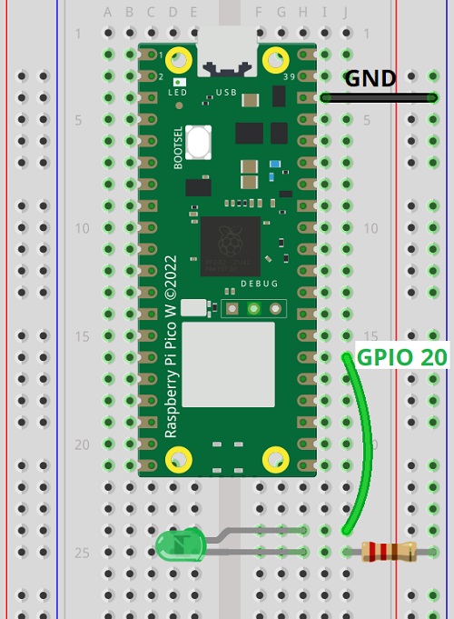 Raspberry Pi Pico — светодиод подключён к GPIO 20, схема