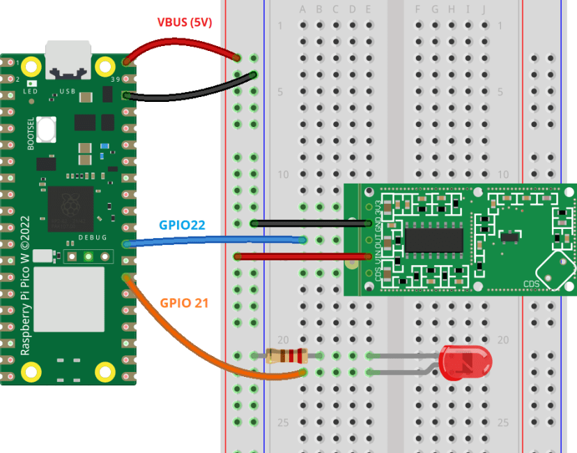 Схема подключения датчика RCWL-0516 к Raspberry Pi Pico