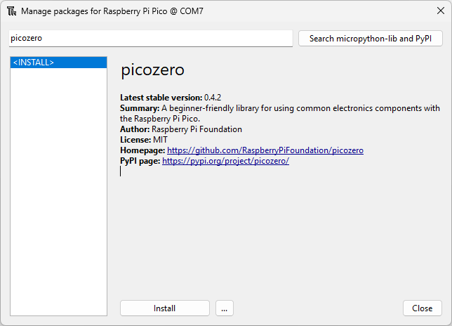 Raspberry Pi Pico установка пакета picozero