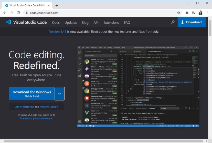 Страница загрузки Microsoft Visual Studio Code VS Code для Windows