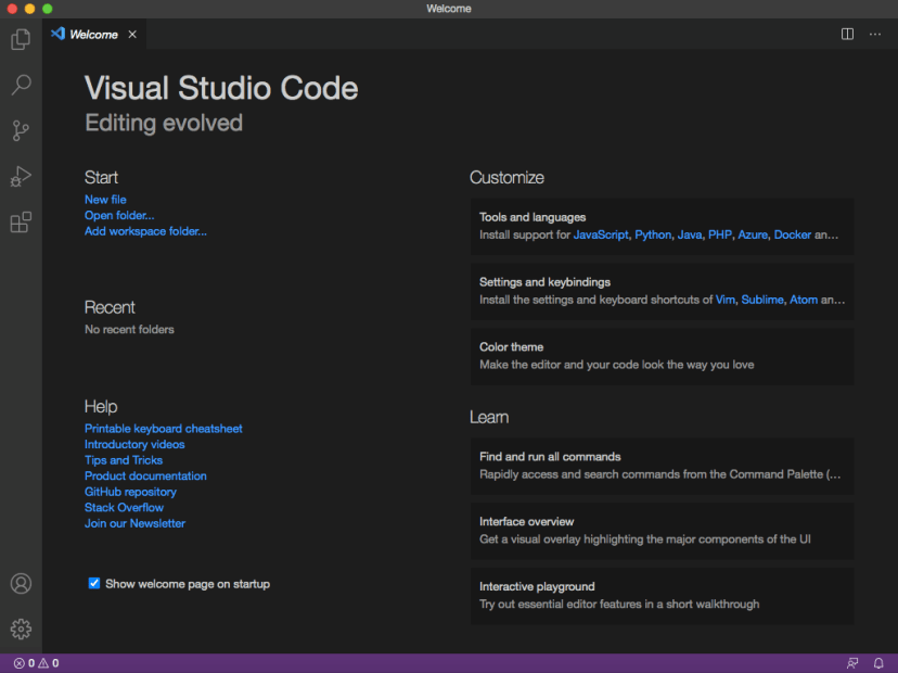 Экран приветствия Microsoft Visual Studio Code VS Code на Mac OS X
