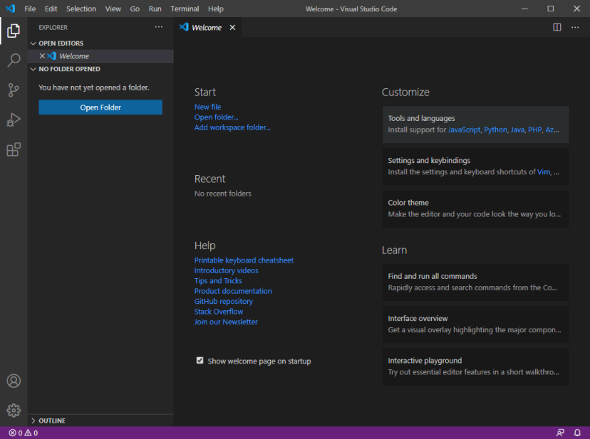 Экран приветствия Microsoft Visual Studio Code VS Code на Windows