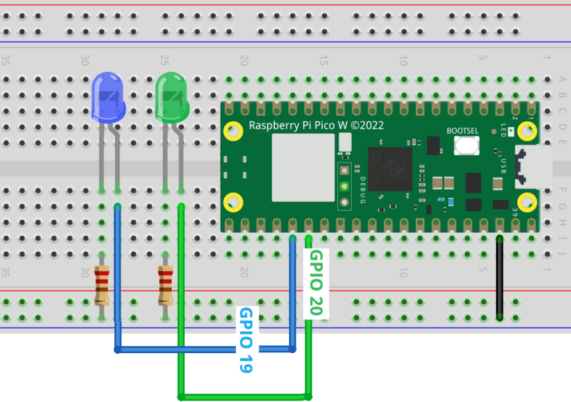 Raspberry Pi Pico W схема подключения двух светодиодов
