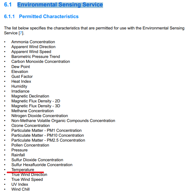 Характеристики, поддерживаемые сервисом Environmental Sensing