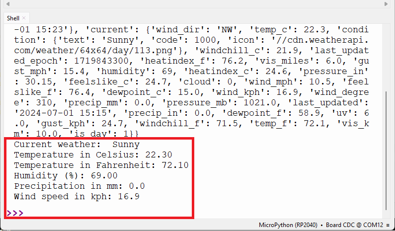 Получение данных о погоде с Weather API с помощью Raspberry Pi Pico