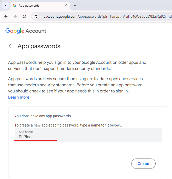 Gmail - создание нового пароля приложения для RPi Pico