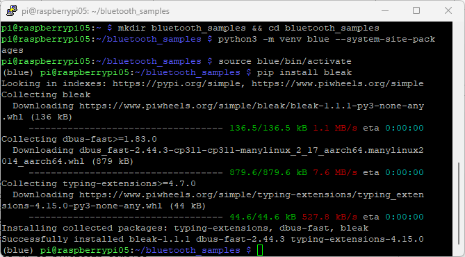 Установка Bleak на Raspberry Pi - окно терминала