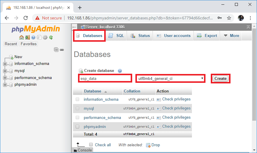 Raspberry Pi phpMyAdmin создание новой базы данных