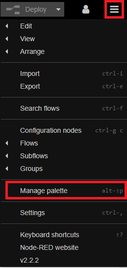 Управление палитрой Node-RED