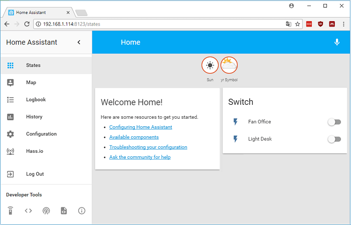 Интерфейс Home Assistant — кнопки управления GPIO