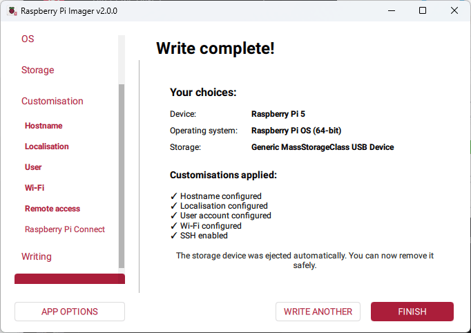 Raspberry Pi Imager — запись завершена