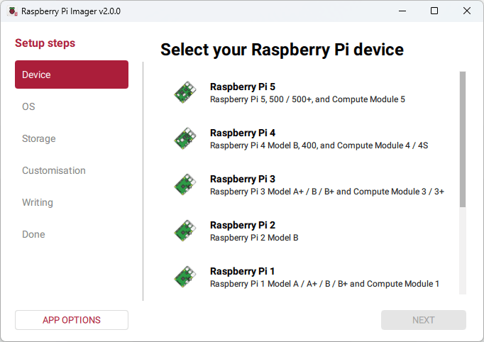 Raspberry Pi Imager — выбор платы