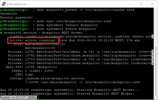 Брокер Mosquitto работает на Raspberry Pi