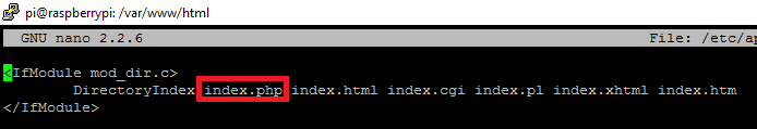 Файл dir.conf после изменения — index.php index.html