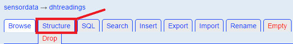 Вкладка Structure в phpLiteAdmin