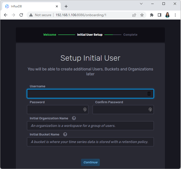 Экран начала работы с InfluxDB — создание пользователя