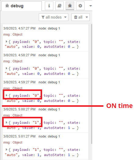 Отладка вывода узла Big Timer в Node-RED