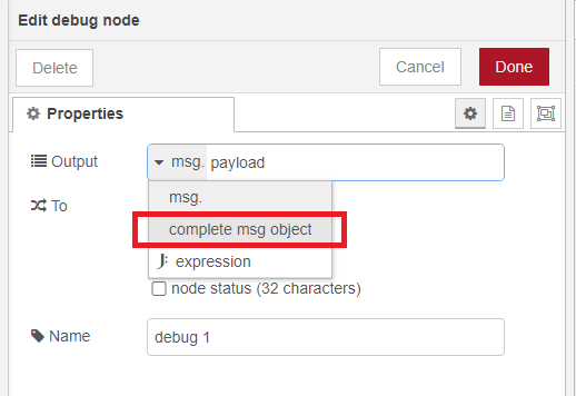 Установка узла debug на complete msg object