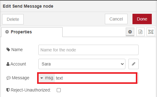 Редактирование узла WhatsApp в Node-RED