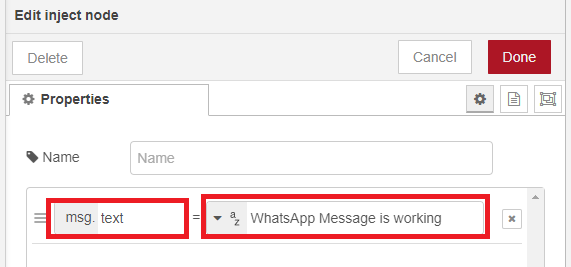 Настройка узла inject в Node-RED для сообщений WhatsApp