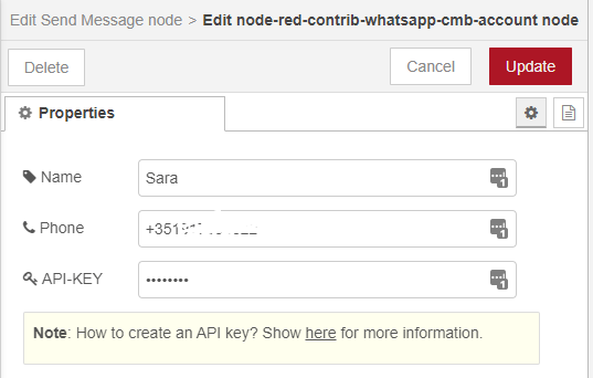 Редактирование узла WhatsApp в Node-RED