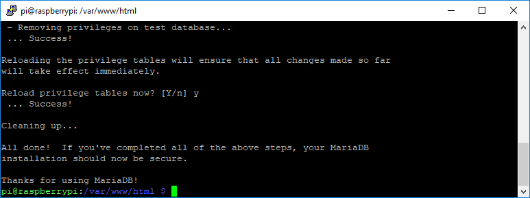 Raspberry Pi MySQL MariaDB завершение безопасной установки