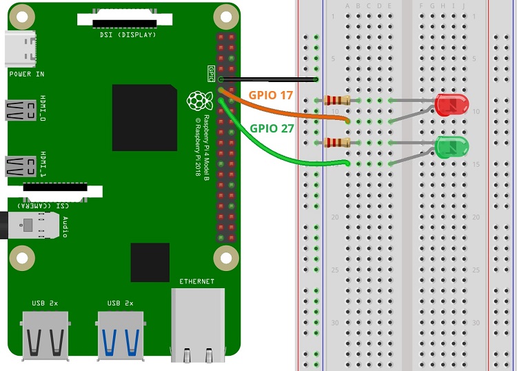 Raspberry Pi подключение двух светодиодов