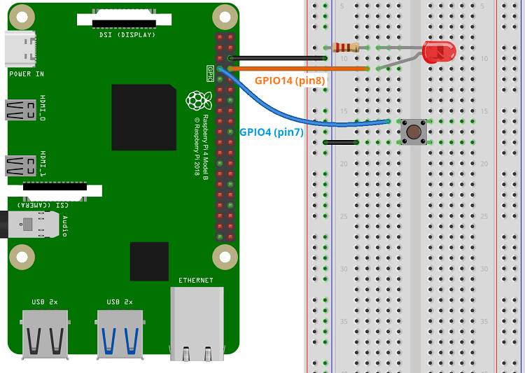 Подключение тактовой кнопки и светодиода к Raspberry Pi